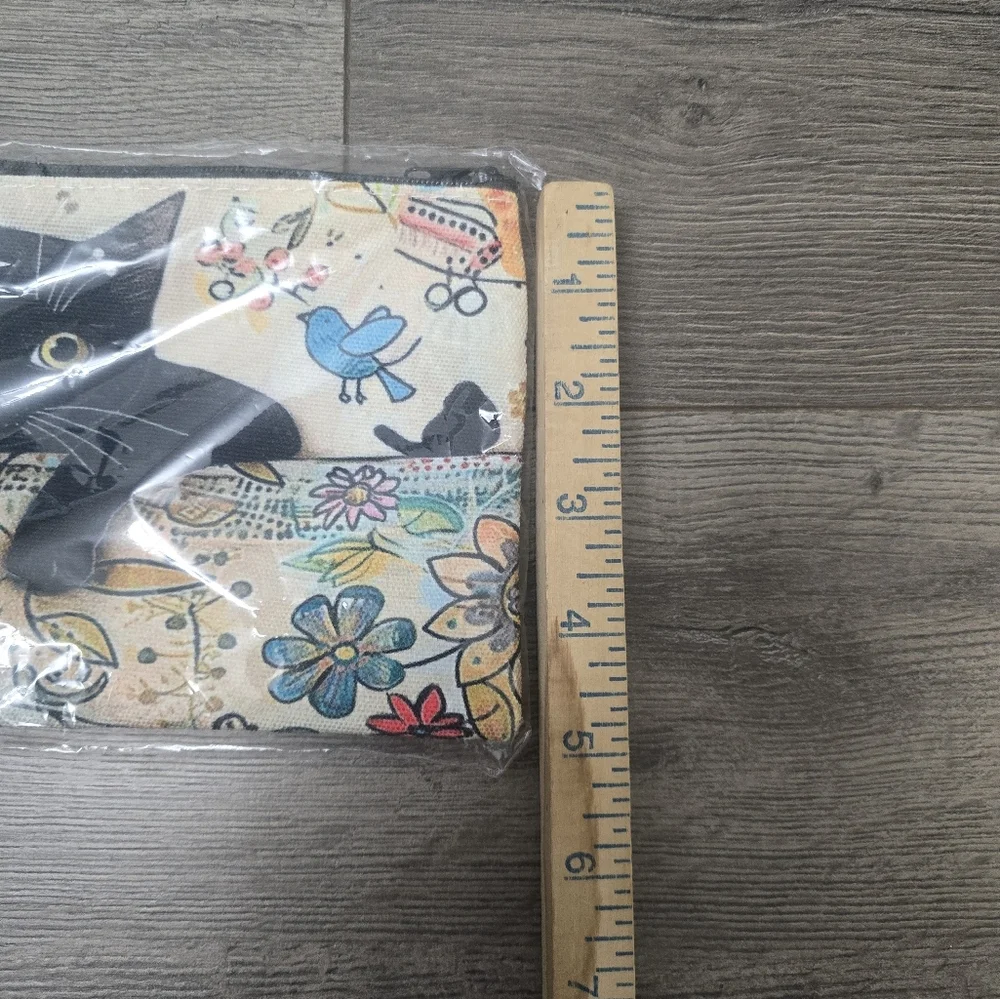 Cat Design Cosmetic Bag NWT Black Cat Floral Birds Travel Vacation Fun